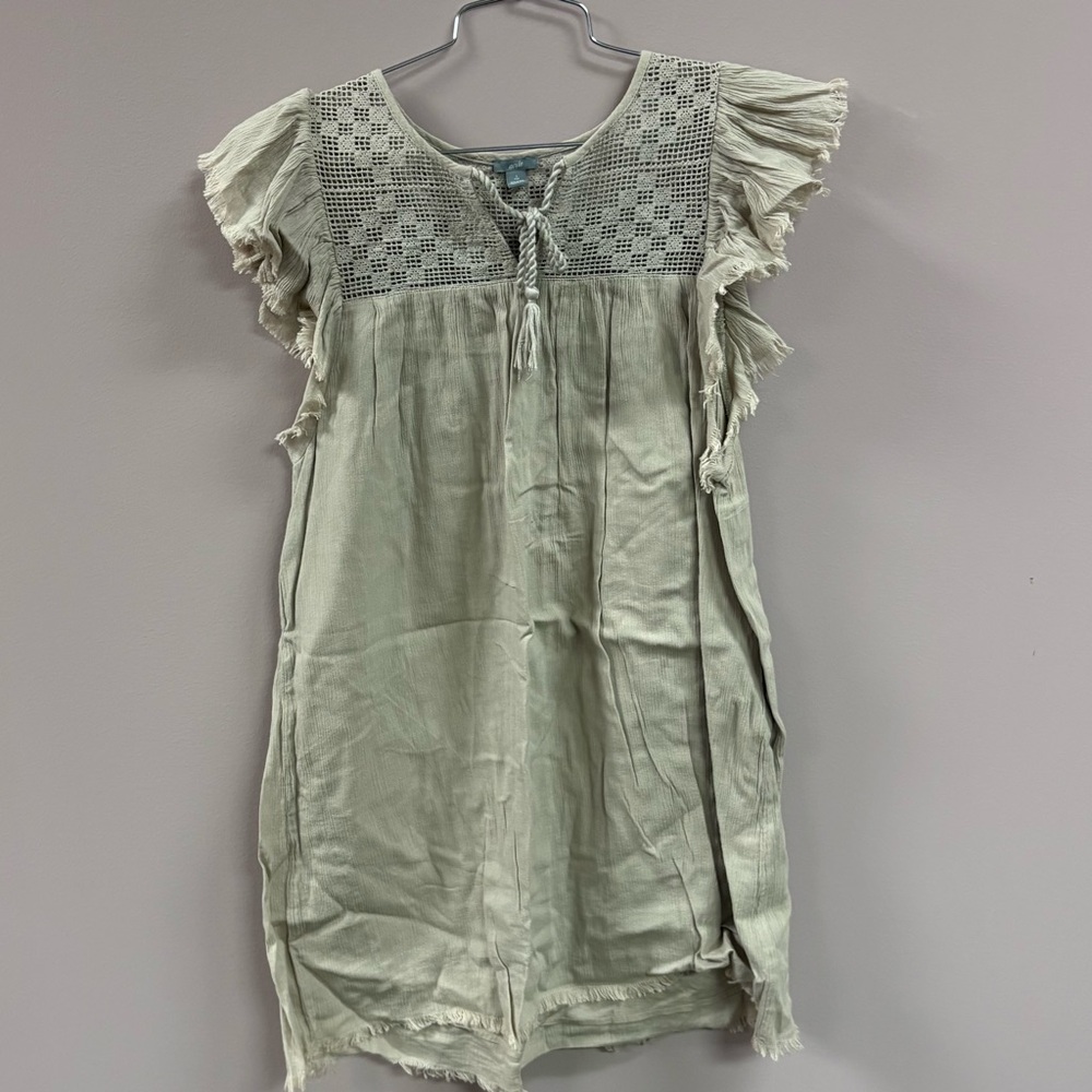 Aerie Sage Green Crochet Lace Boho Mini Dress Fringe Flutter Sleeve Small
